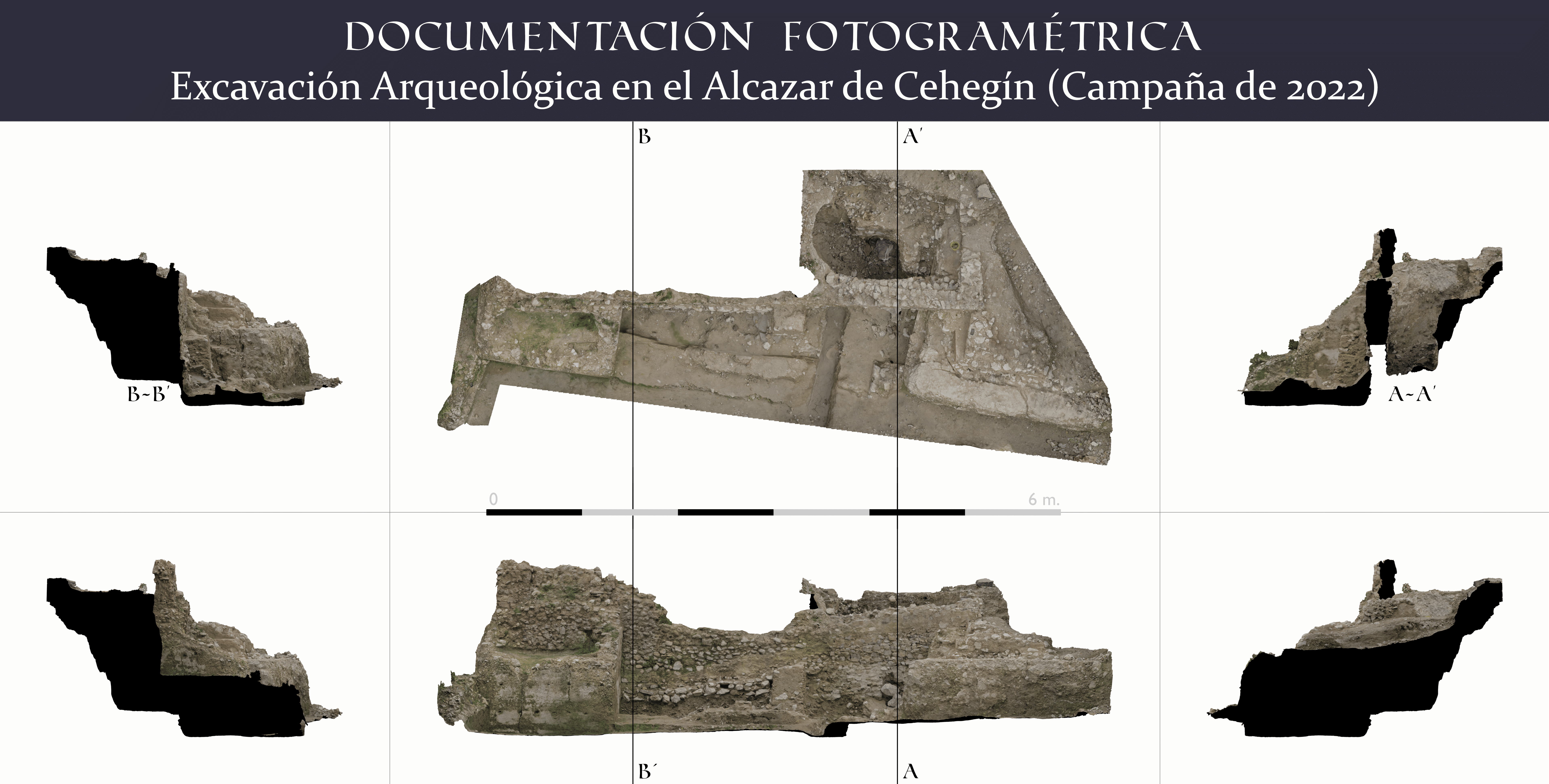 Visualización Arqueológica y Patrimonial: Imagen de ortofotos técnicas del yacimiento arqueológico del Alcázar de Cehegín, mostrando vistas en alzado, planta, perfiles y secciones.