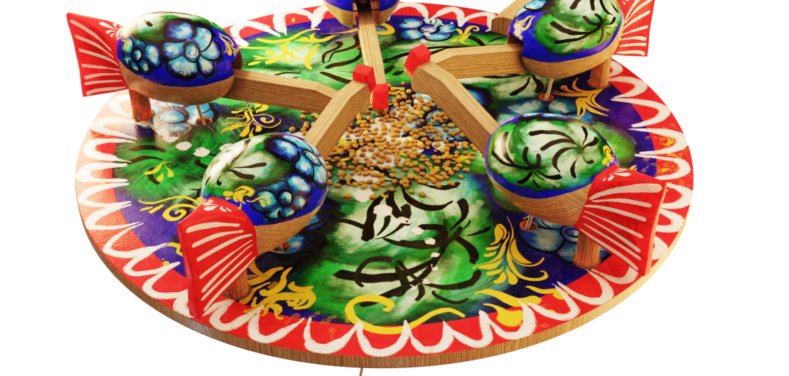 Marketing visual de un juguete artesanal de Kotor (Montenegro) en 3D: Encantador Handcrafted Wooden Moving Toy. Una recreación en 3D de un juguete tradicional de Kotor que refleja la artesanía y la tradición colorida de la región.