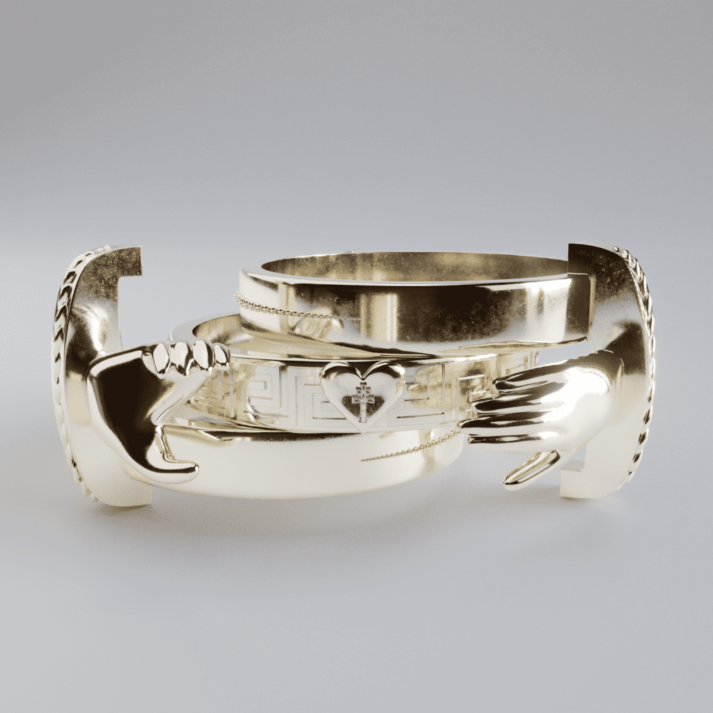 Una unión eterna: Explora el anillo conmemorativo de boda de tipo gimmel-fede en otro cautivador render que resalta su belleza y significado en una imagen deslumbrante.