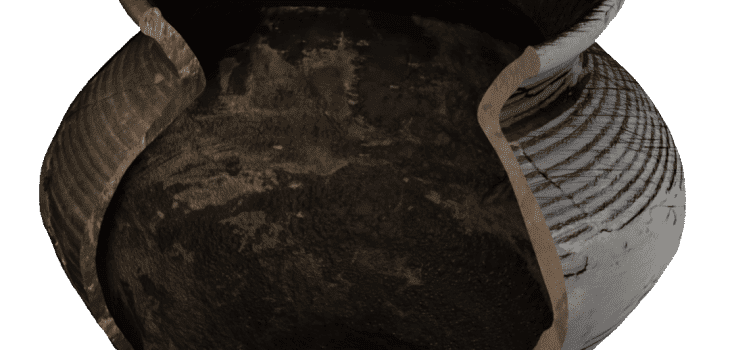 Imagen principal de una olla de cocina medieval de Cehegín con su interior seccionado y trazos de dibujo arqueológico. Descubre los detalles arqueológicos de esta pieza que nos transporta a la época medieval y revela aspectos fascinantes de la historia culinaria.