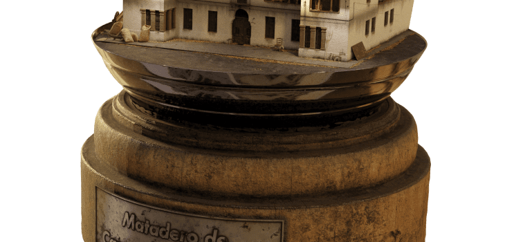 Souvenir en 3D del Matadero de Caravaca en 3D sobre un pedestal. Réplica del edificio neomudéjar como recuerdo del patrimonio arquitectónico de la Región de Murcia.