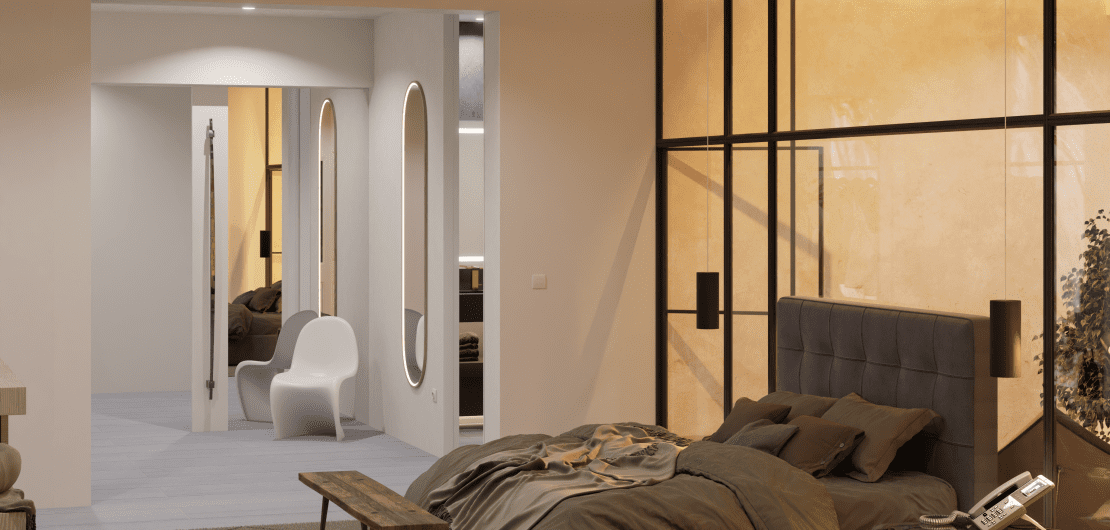 Visualización arquitectónica en 3D de una suite de lujo con dormitorio y vestidor al fondo