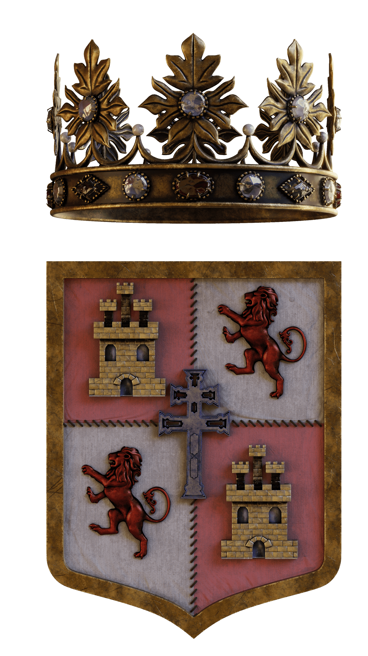 Escudo cristiano de las Fiestas de la Cruz de Caravaca con castillos, leones y la Cruz de Caravaca en el centro.